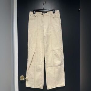 Lioness Beige Wide Leg Khaki Color Jeans with brown stitching small